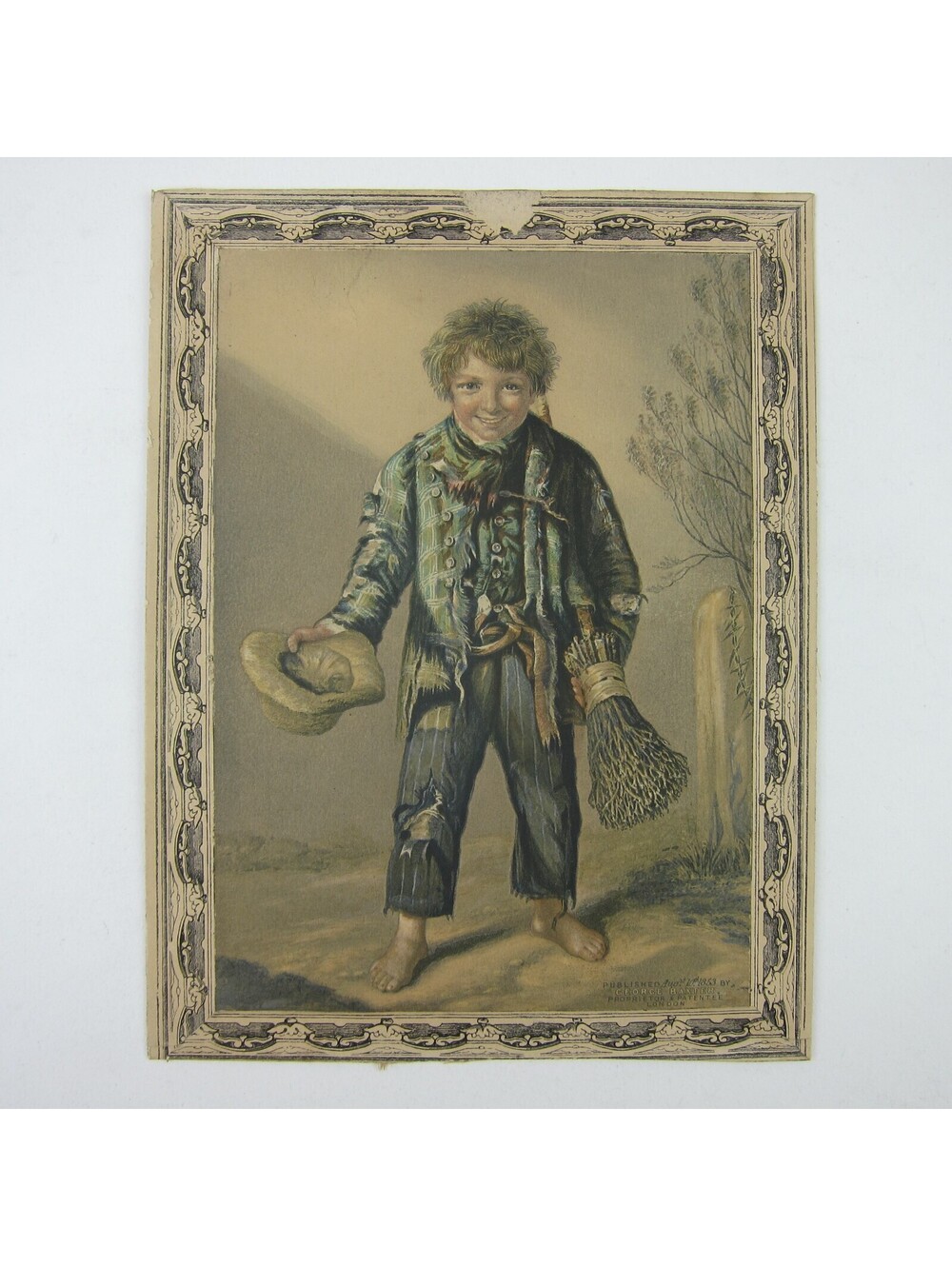 George Baxter Print Poor Boy Crossing Sweeper Chimney Sweep London Antique 1853